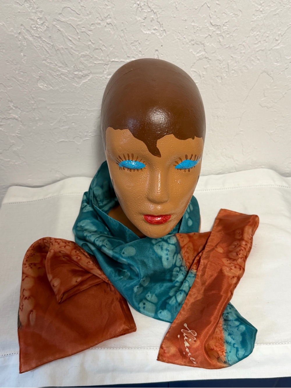 Elaine Pure Silk Two-Tone Teal and Rust Scarf Signed Vintage